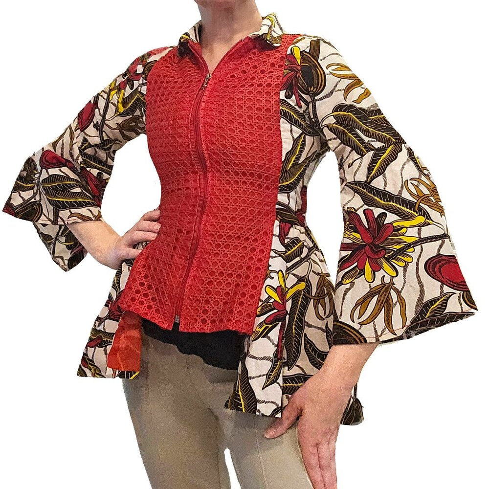 Miss Dee Vintage Bell-Sleeve Jacket Zip up Front XS/S Abstract Floral Pattern
